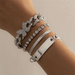 Rhinestone Inlaid Butterfly Pendant Cuban Chain Multi-layer Women Wholesale Bracelet Set - Silver