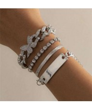 Rhinestone Inlaid Butterfly Pendant Cuban Chain Multi-layer Women Wholesale Bracelet Set - Silver