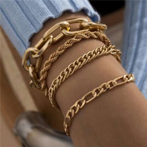 Vintage Style Artistic Design Mixed Chain Wholesale Women Alloy Bracelet Set - Golden