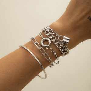 Vintage Style Artistic Design Mixed Chain Wholesale Women Alloy Bracelet Set - Silver