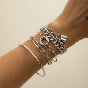Vintage Style Artistic Design Mixed Chain Wholesale Women Alloy Bracelet Set - Silver