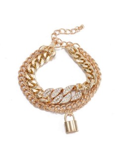 Elegant Lock Pendant Multi-layer Cuban Chain Wholesale Women Bracelet - Golden