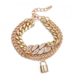 Elegant Lock Pendant Multi-layer Cuban Chain Wholesale Women Bracelet - Golden