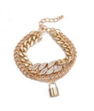 Elegant Lock Pendant Multi-layer Cuban Chain Wholesale Women Bracelet - Golden