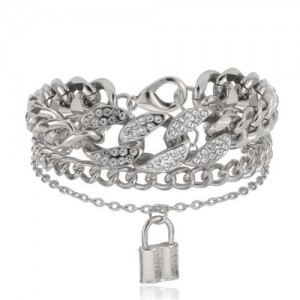 Elegant Lock Pendant Multi-layer Cuban Chain Wholesale Women Bracelet - Silver