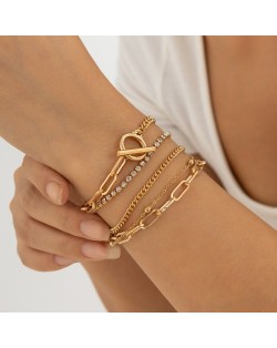 Rhinestone Embellished European High Fashion Multi-layer Women Alloy Bracelet Set - Golden