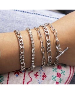 Rhinestone Embellished European High Fashion Multi-layer Women Alloy Bracelet Set - Silver