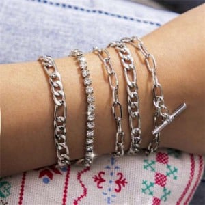 Rhinestone Embellished European High Fashion Multi-layer Women Alloy Bracelet Set - Silver