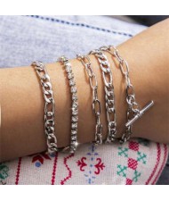 Rhinestone Embellished European High Fashion Multi-layer Women Alloy Bracelet Set - Silver