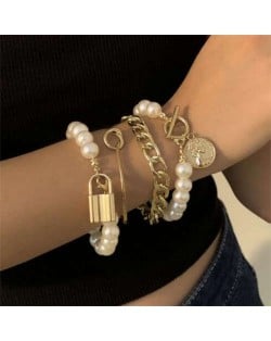 Lock and Coin Pendants Artificial Pearl and Alloy Chain Mix Fashion Women Wholesale Bracelet Set - Golden