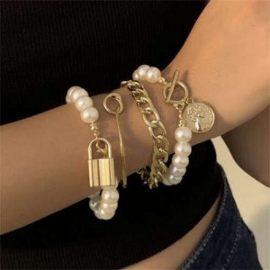 Lock and Coin Pendants Artificial Pearl and Alloy Chain Mix Fashion Women Wholesale Bracelet Set - Golden