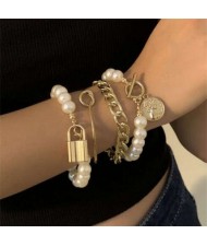 Lock and Coin Pendants Artificial Pearl and Alloy Chain Mix Fashion Women Wholesale Bracelet Set - Golden