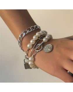 Lock and Coin Pendants Artificial Pearl and Alloy Chain Mix Fashion Women Wholesale Bracelet Set - Silver