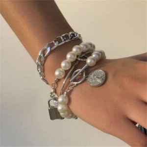 Lock and Coin Pendants Artificial Pearl and Alloy Chain Mix Fashion Women Wholesale Bracelet Set - Silver