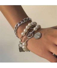 Lock and Coin Pendants Artificial Pearl and Alloy Chain Mix Fashion Women Wholesale Bracelet Set - Silver