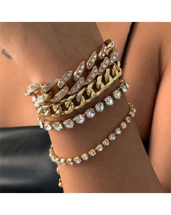 Glistening Rhinestone Embellished Cuban Chain Hip-hop Fashion Women Alloy Wholesale Bracelet Set - Golden