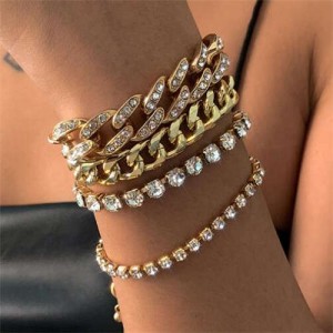 Glistening Rhinestone Embellished Cuban Chain Hip-hop Fashion Women Alloy Wholesale Bracelet Set - Golden