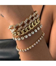 Glistening Rhinestone Embellished Cuban Chain Hip-hop Fashion Women Alloy Wholesale Bracelet Set - Golden