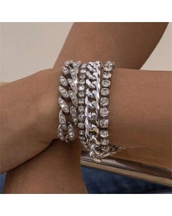 Glistening Rhinestone Embellished Cuban Chain Hip-hop Fashion Women Alloy Wholesale Bracelet Set - Silver