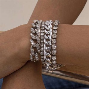 Glistening Rhinestone Embellished Cuban Chain Hip-hop Fashion Women Alloy Wholesale Bracelet Set - Silver