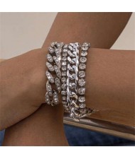 Glistening Rhinestone Embellished Cuban Chain Hip-hop Fashion Women Alloy Wholesale Bracelet Set - Silver