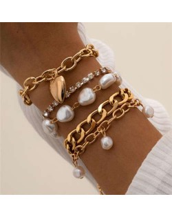 Irregular Pearl and Alloy Heart Pendants Baroque Fashion Vintage Women Wholesale Bracelet Set - Golden