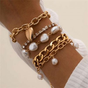 Irregular Pearl and Alloy Heart Pendants Baroque Fashion Vintage Women Wholesale Bracelet Set - Golden