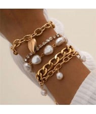 Irregular Pearl and Alloy Heart Pendants Baroque Fashion Vintage Women Wholesale Bracelet Set - Golden