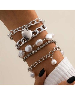 Irregular Pearl and Alloy Heart Pendants Baroque Fashion Vintage Women Wholesale Bracelet Set - Silver