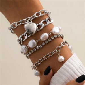 Irregular Pearl and Alloy Heart Pendants Baroque Fashion Vintage Women Wholesale Bracelet Set - Silver