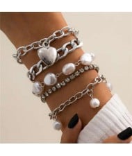 Irregular Pearl and Alloy Heart Pendants Baroque Fashion Vintage Women Wholesale Bracelet Set - Silver