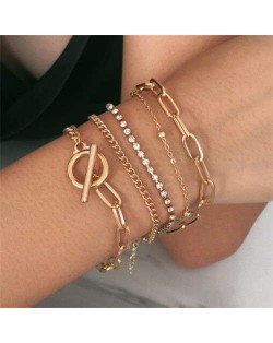 Creative Rhinestone Inlaid Multi-layer Chains Design U.S. Style Women Wholesale Bracelet Set - Golden