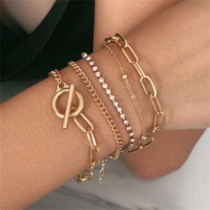 Creative Rhinestone Inlaid Multi-layer Chains Design U.S. Style Women Wholesale Bracelet Set - Golden