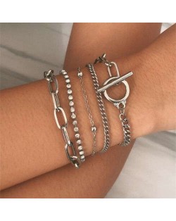 Creative Rhinestone Inlaid Multi-layer Chains Design U.S. Style Women Wholesale Bracelet Set - Silver