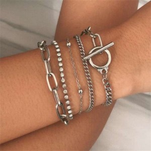 Creative Rhinestone Inlaid Multi-layer Chains Design U.S. Style Women Wholesale Bracelet Set - Silver
