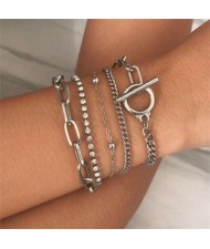 Creative Rhinestone Inlaid Multi-layer Chains Design U.S. Style Women Wholesale Bracelet Set - Silver