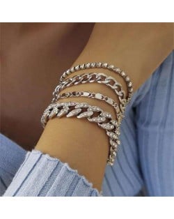 Cuban Chain Multi-layer Design U.S. Western Fashion Wholesale Women Bracelet Set - Silver