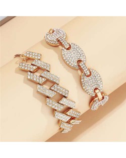 Rhinestone Inlaid U.S. High Fashion Cuban Chain Graceful Women Wholesale Bracelet Set - Golden