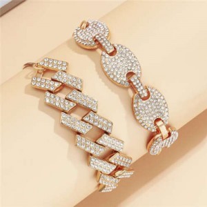 Rhinestone Inlaid U.S. High Fashion Cuban Chain Graceful Women Wholesale Bracelet Set - Golden