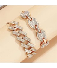 Rhinestone Inlaid U.S. High Fashion Cuban Chain Graceful Women Wholesale Bracelet Set - Golden