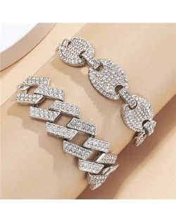 Rhinestone Inlaid U.S. High Fashion Cuban Chain Graceful Women Wholesale Bracelet Set - Silver