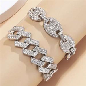 Rhinestone Inlaid U.S. High Fashion Cuban Chain Graceful Women Wholesale Bracelet Set - Silver