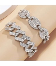 Rhinestone Inlaid U.S. High Fashion Cuban Chain Graceful Women Wholesale Bracelet Set - Silver