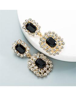 Rhinestone Squares Design Elegant Fashion Women Costume Alloy Earrings - Black
