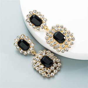 Rhinestone Squares Design Elegant Fashion Women Costume Alloy Earrings - Black