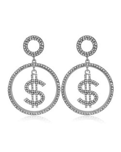 U.S. Dollar Symbol Rhinestone Round Shape High Fashion Women Costume Earrings - Silver
