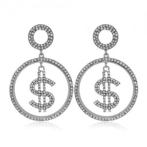 U.S. Dollar Symbol Rhinestone Round Shape High Fashion Women Costume Earrings - Silver