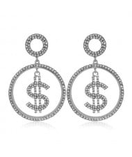 U.S. Dollar Symbol Rhinestone Round Shape High Fashion Women Costume Earrings - Silver