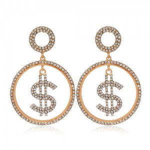 U.S. Dollar Symbol Rhinestone Round Shape High Fashion Women Costume Earrings - Golden