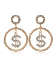 U.S. Dollar Symbol Rhinestone Round Shape High Fashion Women Costume Earrings - Golden